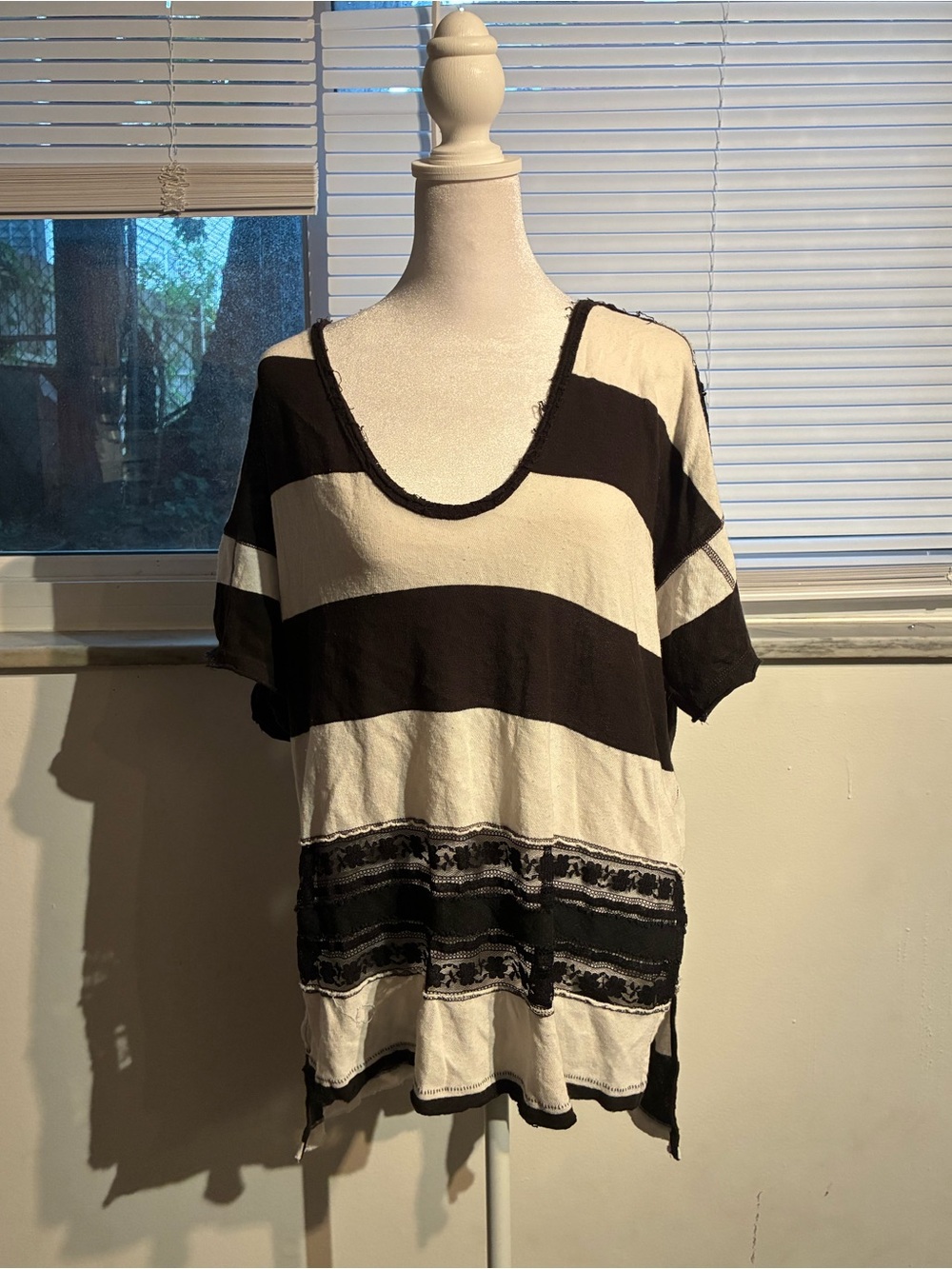 Free People Striped Lace Trim Boho Tee